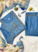 Pure Muslin Sea Blue Festival Wear Hand Work Readymade 3 Pcs Kurti 